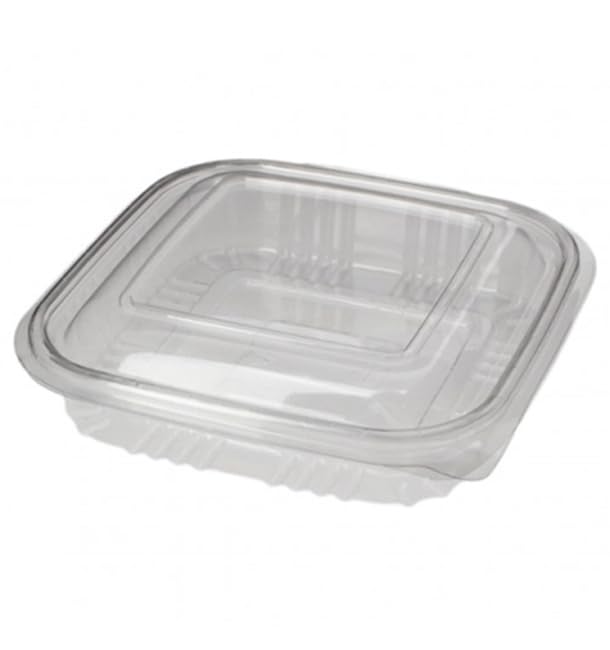Monouso | 100 Envases de Plástico PET con Tapa Bisagra, 250ml, Transparente, Tapa Abatible, Reciclable, Desechable, Tarrina para Comidas, Take Away, Comida para Llevar.