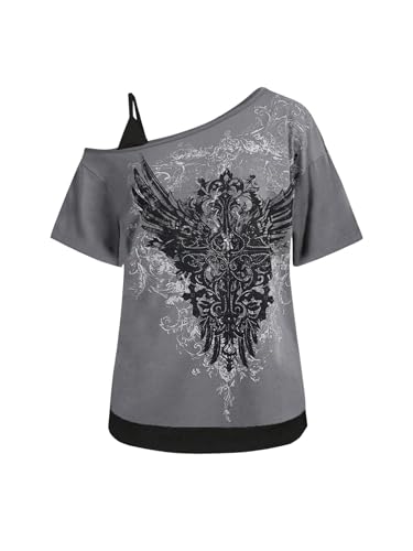Image of SOLY HUX Women's Plus Size Y2k Tops Gothic Graphic Tees Trendy Short Sleeve Asymmetrical Neck T Shirts