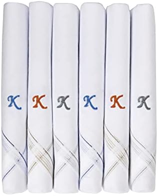 Caruso Italy Men's Initial Monogram (A-Z) Embroidery 100% Pure Cotton Handkerchief White Base With Colored Border - Pack Of 6