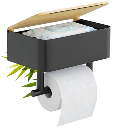 Hovea - Toilettenpapierhalter 2-in-1 mit Ablage und Feuchttücherbox - Wandmontage Ohne Bohren - Aus Metall - WC-Papierhalter - WC Papier Halterung - Schwarz & Bambus - PPT121