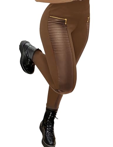 DAOAO Leggings for Women Faux Leather Pant Motorcycle Punk Pleather Clothes Elastic Mid Waisted Stretchy 4XL Coffee