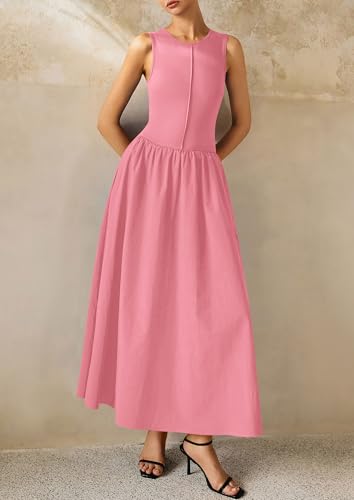 Image of PRETTYGARDEN Maxi Dresses for Women 2026 Summer Casual Sleeveless Patchwork Flowy Vacation Sundress Knit Long Work Tank Dress