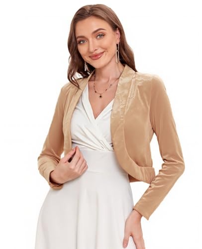 Image of Women's Long Sleeve Velvet Shrug for Dresses Cocktail Party Open Front Cropped Bolero Cardigan Top