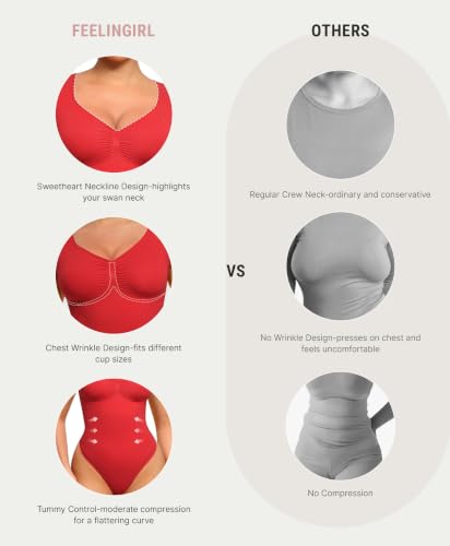 Image of FeelinGirl Short Sleeve Shapewear Bodysuit for Women V Neck Tummy Control | Sweetheart Neckline, Seamless, Going Out Tops, Thong, Plus Size, Soft