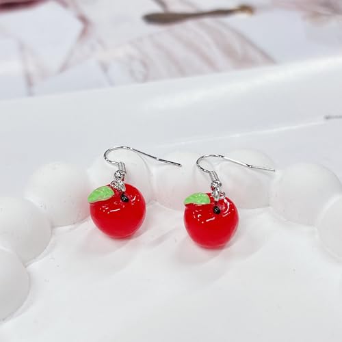 Cute Red Apple Dangle Hook Earrings for Women Funny Handmade 3D Simulation Food Dangling Lightweight Resin Adorrable Green Leaf Fruit Drop Earring Charm Hypoallergenic Jewelry Daughter BFF Birthday Gifts3