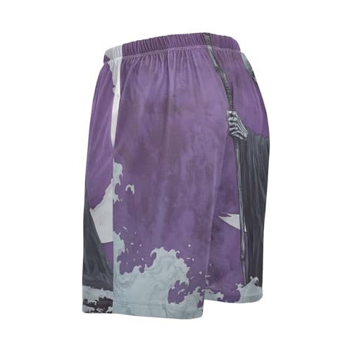 Mens Sleep Shorts Grim Reaper Moon Print, Elastic Pajama Pants Sleepwear with Pockets S3