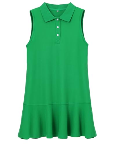 Image of YEXPINE Women's Sleeveless Polo Dress Ruffle Hem Lapel V Neck T-Shirt Summer Mini Dresses