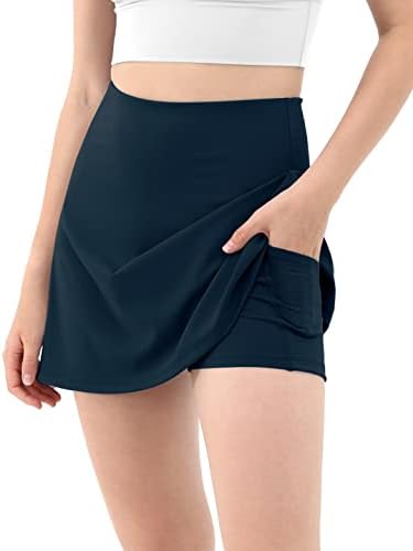 ODODOS Women's High Waisted Tennis Skirts with Pockets Built-in Shorts Golf Skorts for Athletic Sports Running Gym Training, Deep Navy, Medium
