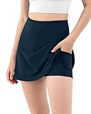 ODODOS Women's High Waisted Tennis Skirts with Pockets Built-in Shorts Golf Skorts for Athletic Sports Running Gym Training, Deep Navy, X-Small