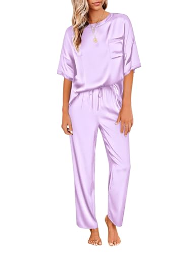 Womens Satin Silky Pajama Set Short Sleeve Top & Long Pants