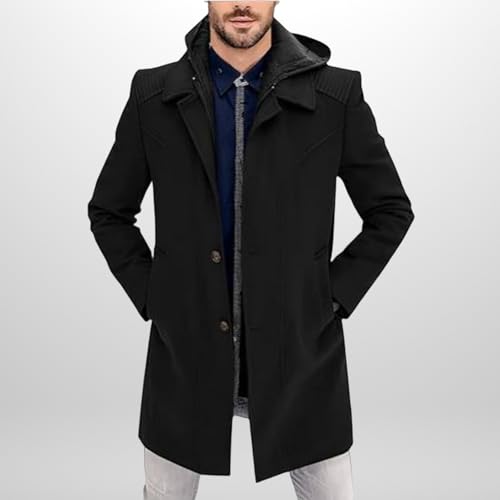 Men's Single Breasted Trench Coat with Hood Warm Dress Pea Coats Notched Collar Button Down Overcoat Wool Blend Jacket2