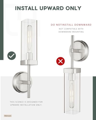 Image of Modern Wall Sconces Set of 2, Brushed Nickel Bathroom Vanity Sconces with Square Clear Glass Shade, Wall Mount Lights for Mirror Bedroom Hallway, Upward Lighting Only, E26 Base, VL262-BN-2PK