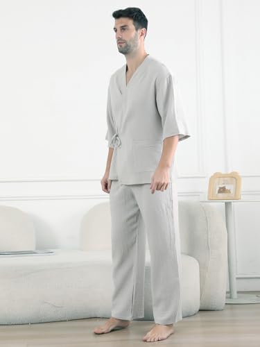 Mens Pajama Sets Kimono 2 Piece PJ Set Stylish Cotton Bathrobe Pajamas Casual Clothes Sleepwear with Pants for Lounge2