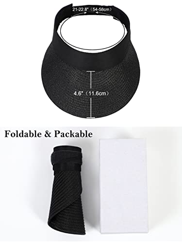 Women Wide Brim Straw Visor Sun Hat Uv Protection Packable Beach Cap For Summer Upf 50+(Black) #TOP2