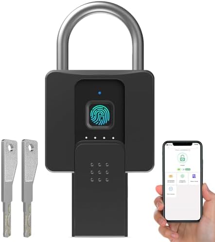 Anweller Fingerprint Padlock with Key Backup, Weatherproof Biometric Bluetooth App Controlled Keyless Smart Electronic Combination Lock for Outdoor Fence Gate Pool Shed Gym Locker Yard Truck