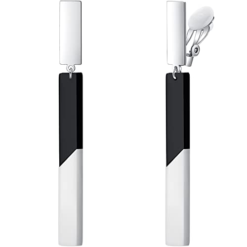 Clip-on Earrings for Women Dangle Black & White Bar, Comfortable Lightweight & Hypoallergenic Simple Minimalist Dangling Drop Earring for Non-Pierced Ear, Keloid Earing