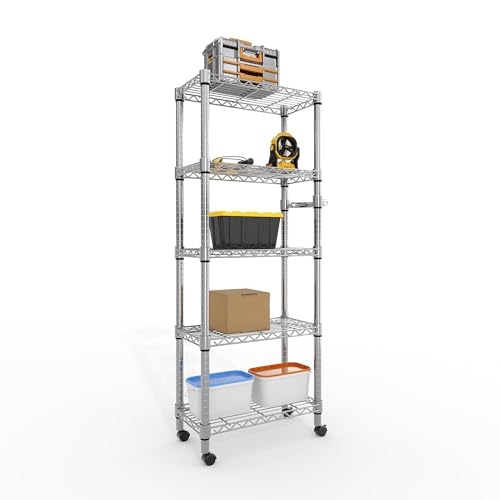 Image of GarveeTech 5-Tier Metal Shelving Unit with Wheels, 1100 LBS Capacity Heavy Duty Garage Storage Shelves with Adjustable Racks and Side Handle, 61 inch H Rolling Shelves Organizer for Garage Pantry Kitchen