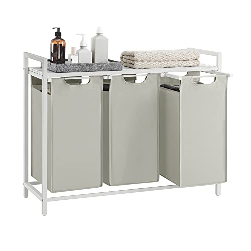Image of VASAGLE Laundry Hamper, Laundry Basket, Laundry Sorter with 3 Pull-Out and Removable Bags, Shelf, Metal Frame, 3 x 10.6 Gallons (40 L), 36.4 x 13 x 28.4 Inches, Cream White and Cloud White UBLH301W01