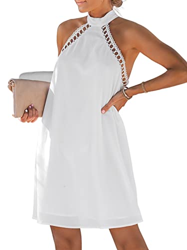 CUPSHE Damen Sommerkleid Ärmellos Spitzenbesatz Neckholder High Neck Kurzes Kleid Freizeitkleider Party Mini Dress Weiß M