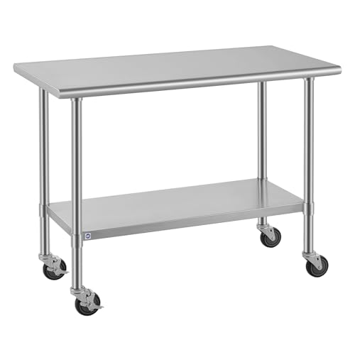 Image of ROCKPOINT All Stainless Steel Prep Table with Caster 24x48 Inch, Commercial Heavy Duty Workbench with Stainless Legs & Adjustable Undershelf, 830 lb Capacity for Outdoor Kitchens with Wheel