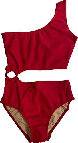 Image of Cheryl Creations Kids Girl's Cute & Comfortable One Shoulder One Piece Ring Cutout Bathing Suit Bikini