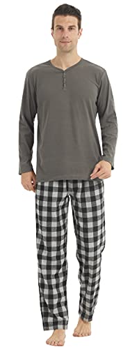 Pyjama Homme Hiver Henley T-Shirt en Polaire à Long Manche Ultra Doux Flanelle Bas de Pyjama Carreaux avec Poches Vêtements de Détente Cover