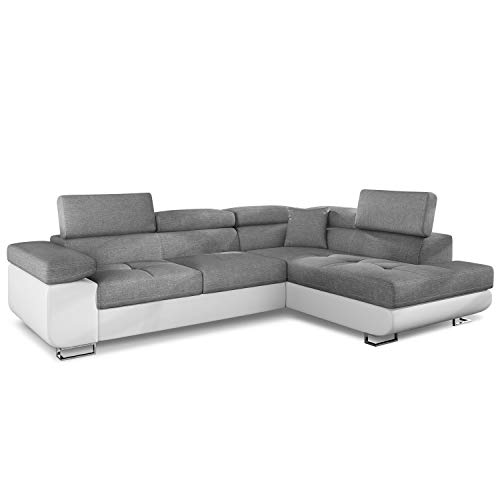 Menzzo Canape Convertible d’Angle Simili Blanc et Tissu Gris | Pieds chromés | Canape Lit avec têtière relevable| Large Accoudoir et Coussins Moelleux | Assise Confortable | L275 x P202 x H90 cm