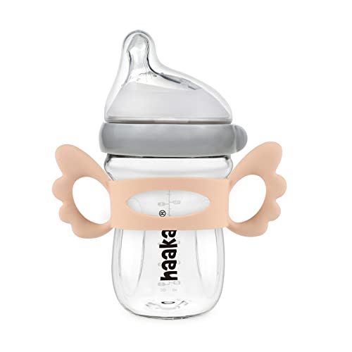 Image of haakaa Gen.3 Glass Baby Bottle Handle - Silicone Baby Bottle Cover | Wide Neck Bottle Grip for 0m+ 6m+Breastfeeding Babies - Peach