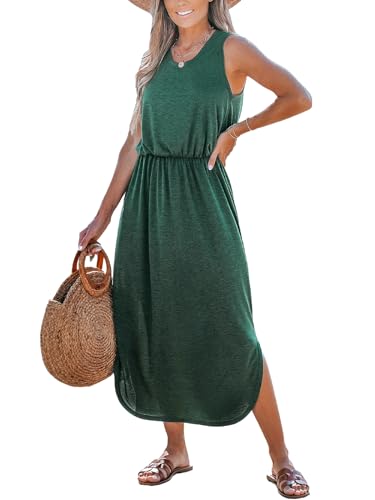 CUPSHE Damen Kleid Rundhals Ärmellose Seitenschlitz Elastischer Bund T Shirt Kleid Jersey Freizeitkleider Sommer Maxi Dress Grün S