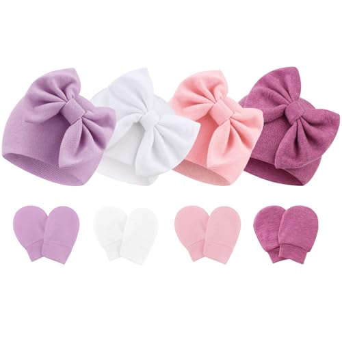 Image of BQUBO Newborn Baby Hats Mittens Set Hospital Hat Beanie Infant Bow Hats Baby Gloves No Scratch Mittens for 0-6 Months