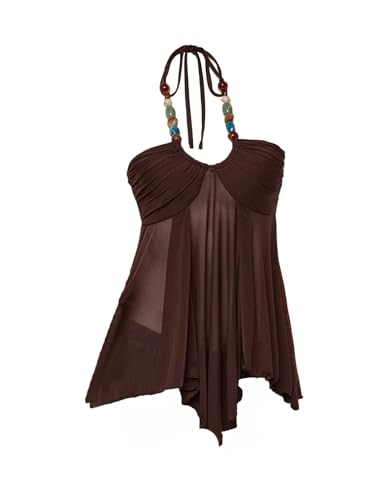 OYOANGLE Womens Boho Beaded Sheer Cami Halter Top Flowy Asymmetrical Hem Sleeveless Tops Summer Going Out Tops Brown Small