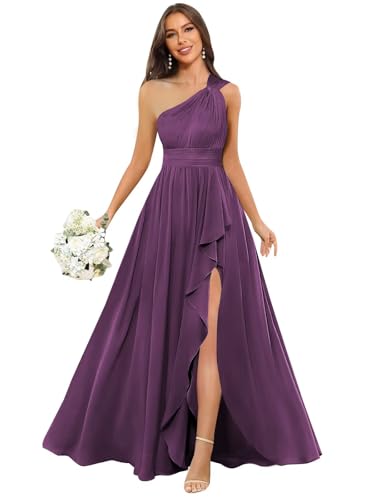 Chiffon One Shoulder Bridesmaid Dresses with Slit A-Line Long Formal Party Dress with Pockets