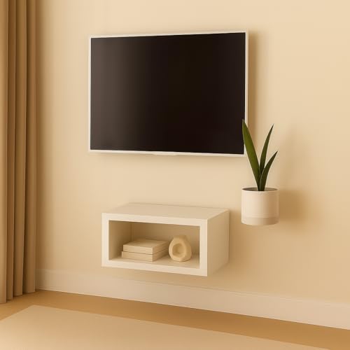 Image of Solid Wood Entertainment Floating Tv Unit for Living Room | Floating Media Tv Cabinet | Natural Finish Color and Size Off (White, Small 40 CM)