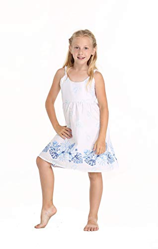 Girl Hawaiian Classic Empire Dress with Elastic Strap in White with Blue Hibiscus3