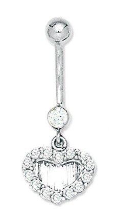 14K White Gold Cz Cubic Zirconia Simulated Diamond 14 Gauge Dangling Love Heart Body Jewelry Belly Ring Measures 31X13Mm Jewelry Gifts For Women #TOP9