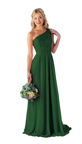 Image of LANGKAAO Women's One Shoulder Bridesmaid Dresses Long for Wedding with Pockets Lace Bodice A-Line Chiffon Formal Party Gown