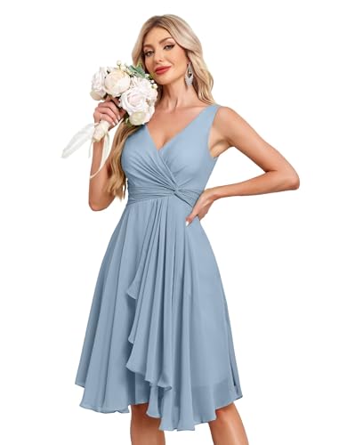 Image of Women's V Neck Short Bridesmaid Dresses 2025 Ruched Waist A Line Chiffon Formal Cocktail Party Dress