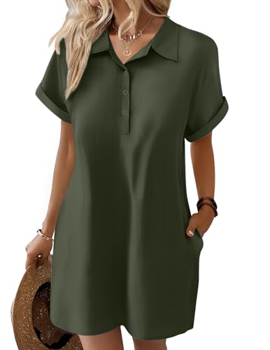 Image of Zeagoo Womens Cotton Shirt Dress Summer Casual Short Sleeve Button Down Beach Cover Up Shirts with Pockets