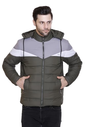 Image of Men's Navy Blue and Grey Hooded Puffer Jacket, Quilted, Zip Front