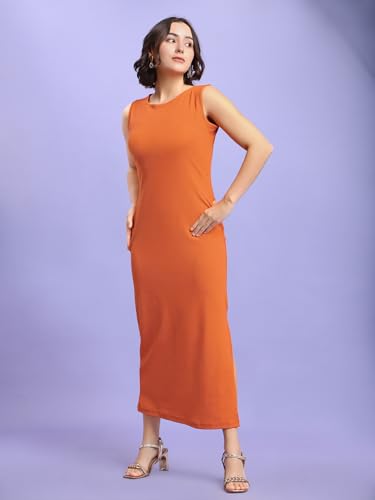 Image of PURVAJA Women's Bodycon Maxi Sleeveless Round Neck Solid Dress