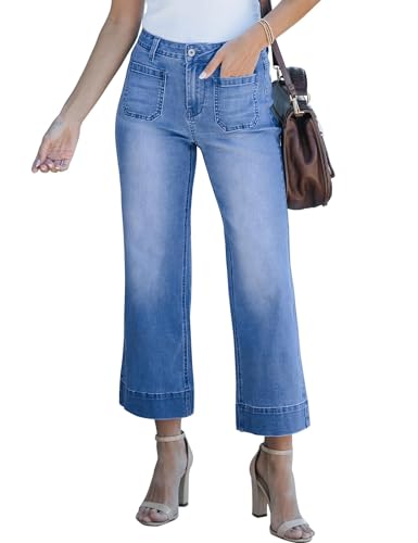 Lisskolo Women's Wide Leg Cropped Jeans Mid-Waisted Flare Straight Leg Crop Stretchy Denim Pants with Front Patchwork Pockets