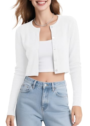 Urban CoCo Women's Long Sleeve Button Up Cropped Cardigan Sweaters for Women Crew Neck Short Bolero Shrug for Dresses