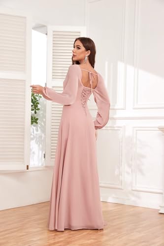Women's Long Sleeve Bridesmaid Dresses with Slit A Line Square Neck Chiffon Formal Dress for Wedding3