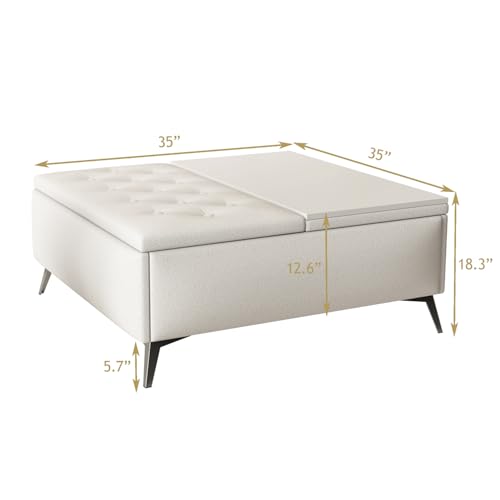 ivoros 35\" Large Square Storage Ottoman, Tufted Upholstered Coffee Table Ottoman with Storage, Oversized Square Storage Ottomans Coffee Tables for Living Room, Bedroom (Beige) - Thumbnail 2