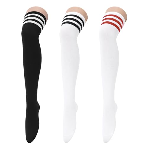 Image of Century Star 3 Pairs Thigh High Socks for Women Over the Knee High Socks Triple Stripe Long Stockings Thigh Highs Leg Warmer