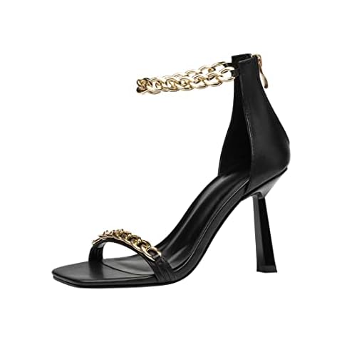 Square Open Toe Kitten Heels Sexy Gold Chain Heels for Women Ankle Strap Zipper Pump Heels Black Cover