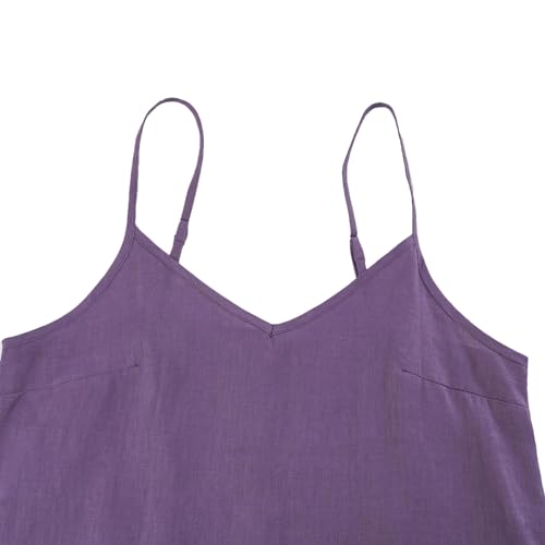 Image of Amazhiyu Women's Pure Linen Summer Midi Split Slip Dress | V Neck, Spaghetti Strap, with Pockets