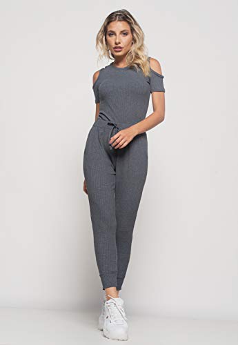 Blusa Salvatore Ombro Vazado Manga Curta Canelado (Grafite, M)