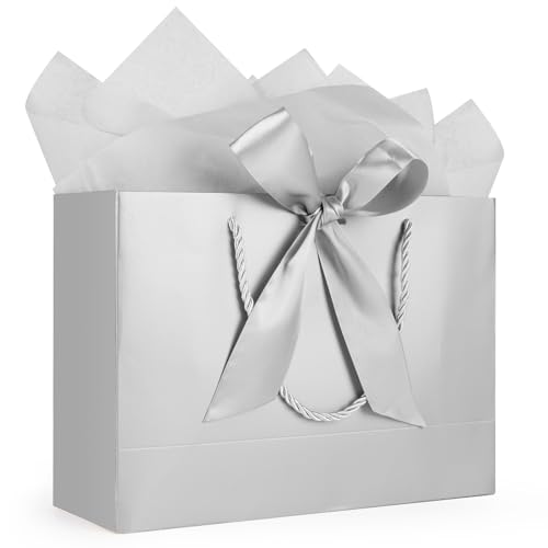Gfractolux Large Gift Bags for Present 1 Pcs Gift Bags for Women Men with Tissue Paper and Cards Gift Bags for Birthdays Baby Shower Wedding Party Holiday Presents 14.2 x 9.8 x 4.7 (Silver)