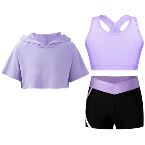 Lejafay Girls Sports Outfits Short Sleeve Hooded Crop Top with Tank Vest and Shorts Set Athletic Tracksuits Lavender 10 Years